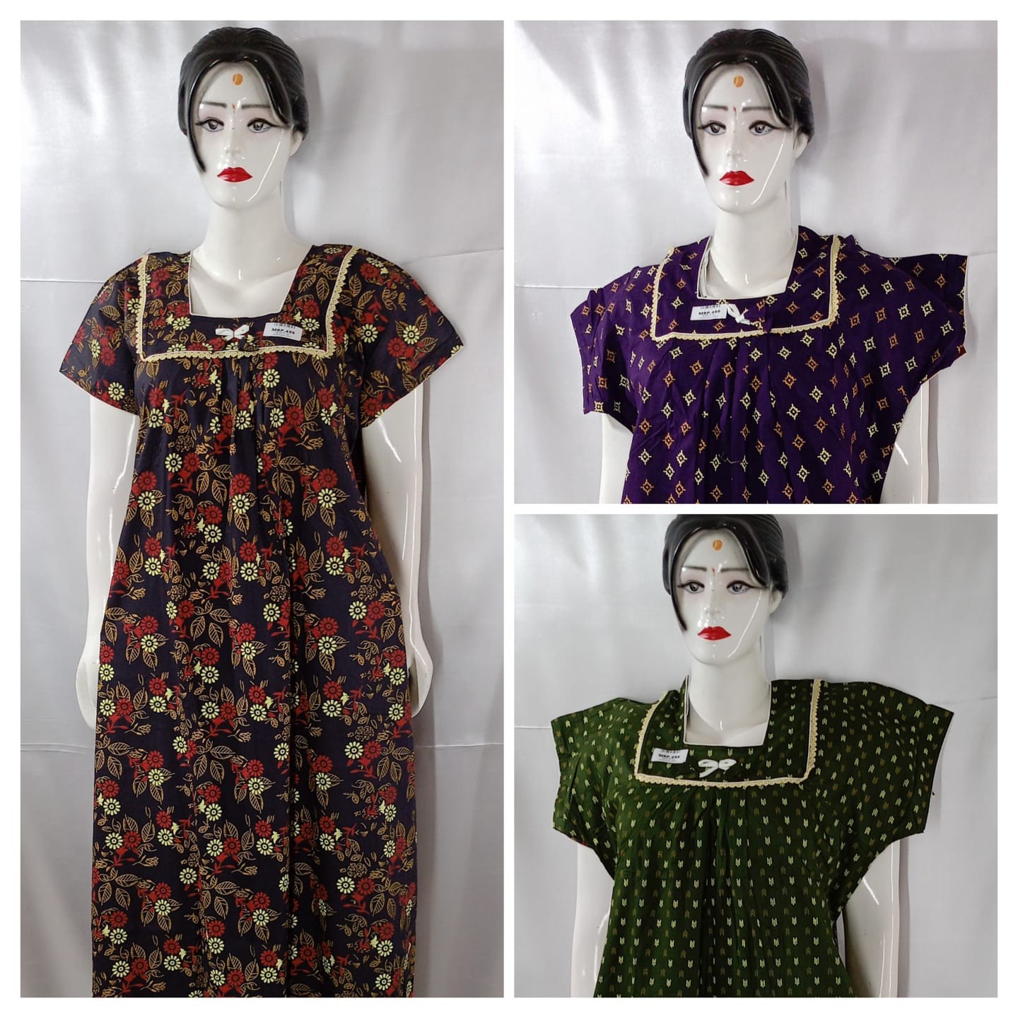 COTTON  LASE WORK NIGHTIES (3 pcs)