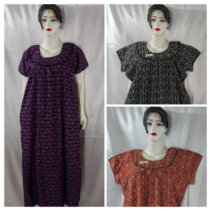 COTTON LASE WORK NIGHTIES(3 pcs)