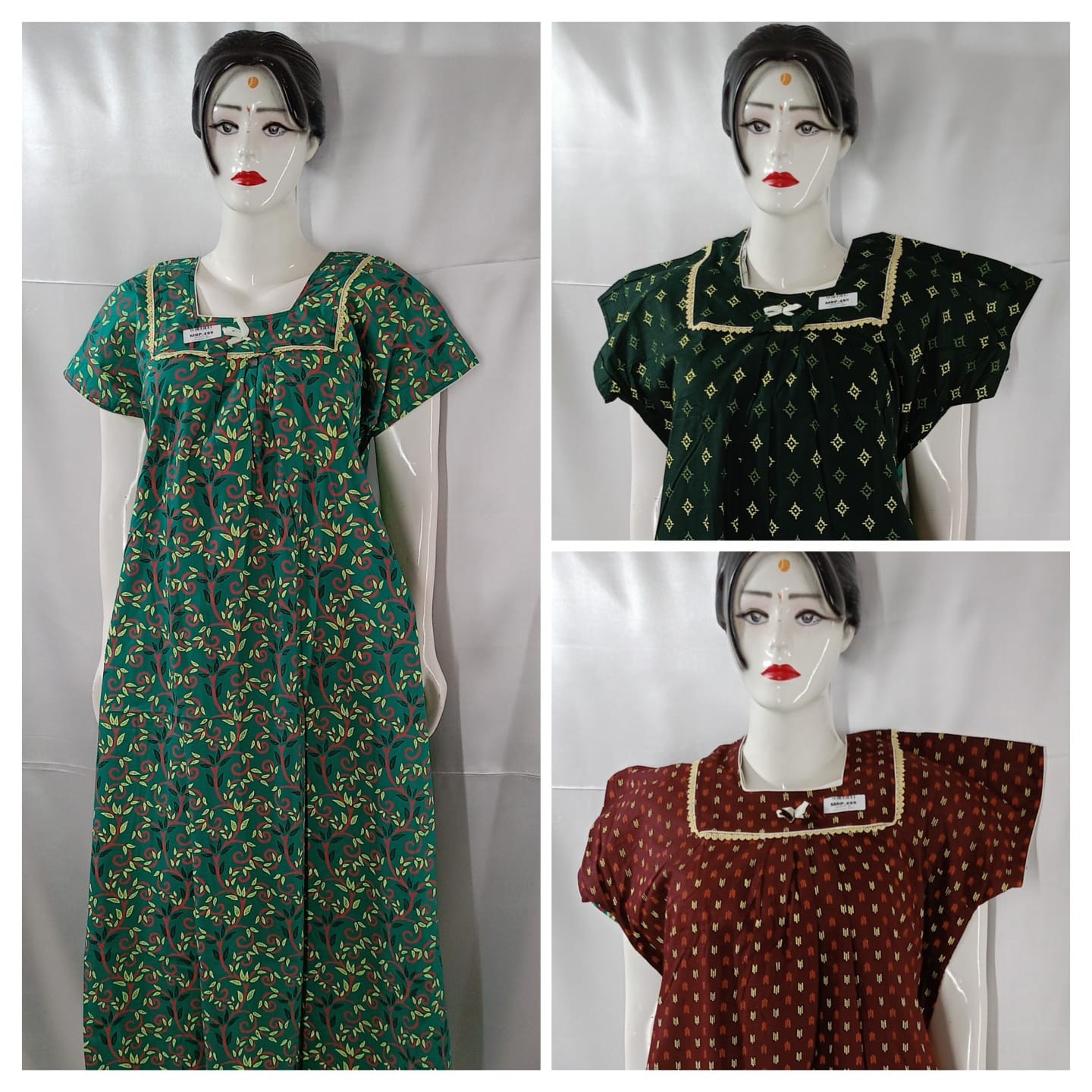 COTTON  LASE WORK NIGHTIES (3 pcs)